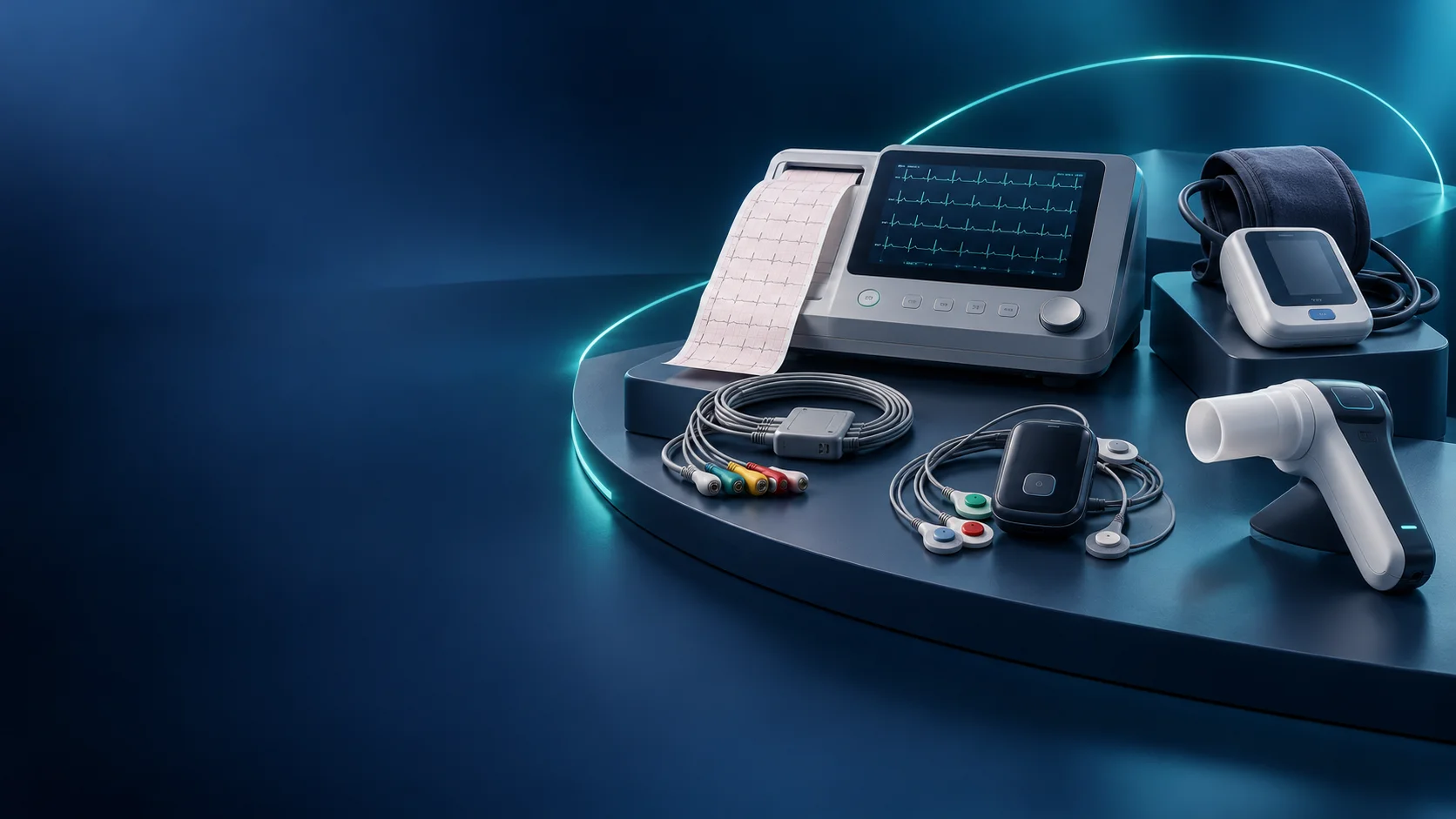 Ilustração de equipamentos de diagnóstico: eletrocardiógrafo, Holter, monitor de pressão e espirômetro