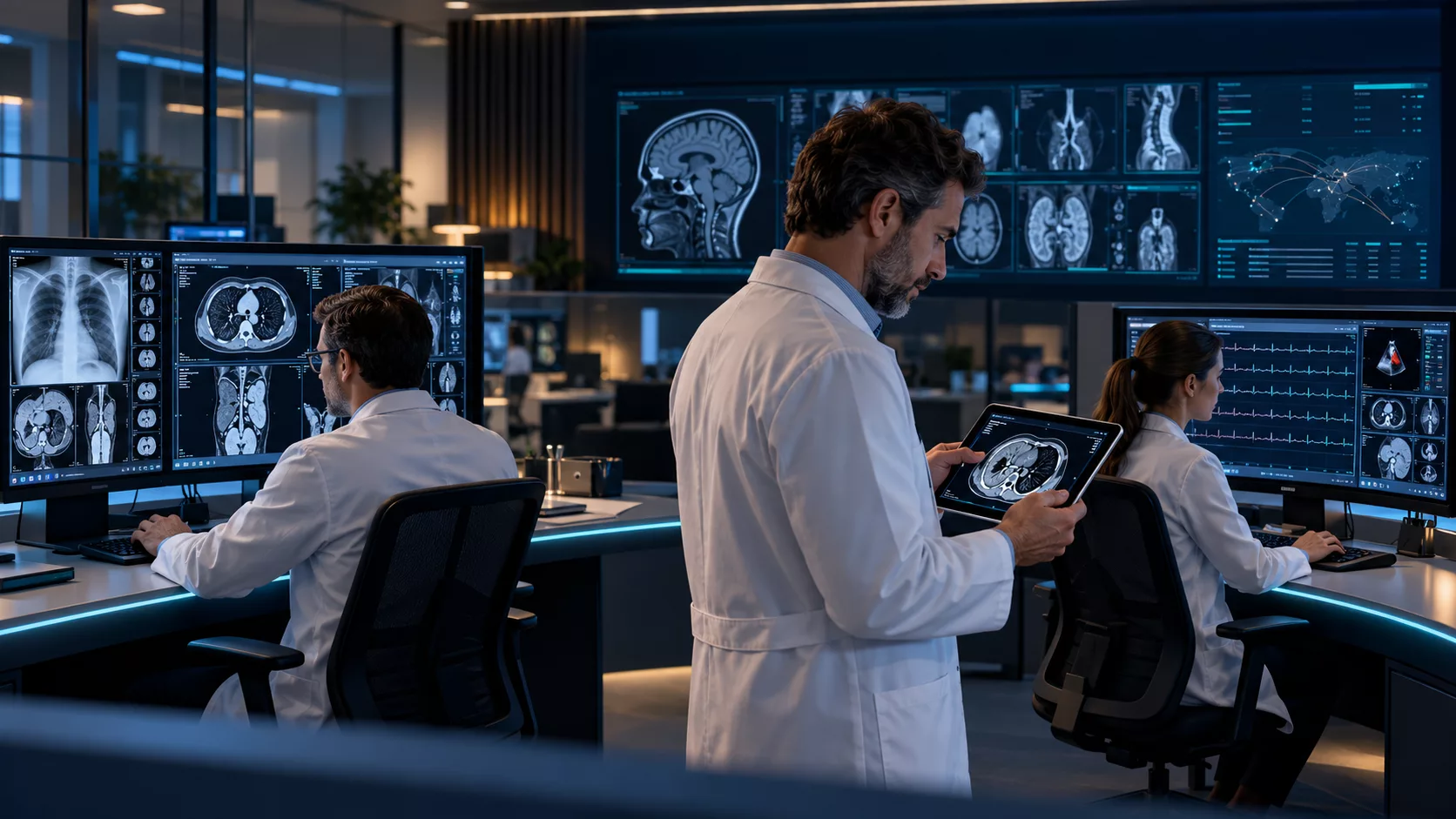 Médicos laudando em telas de diagnóstico e tablet, em uma cena ilustrativa